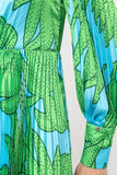 Printed Aqua and Green Pleated Dress