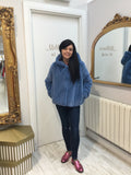 Azure blue hooded fun fur jacket