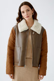 Reversible Aviator style jacket in cream camel and orange with fake leather and quilting