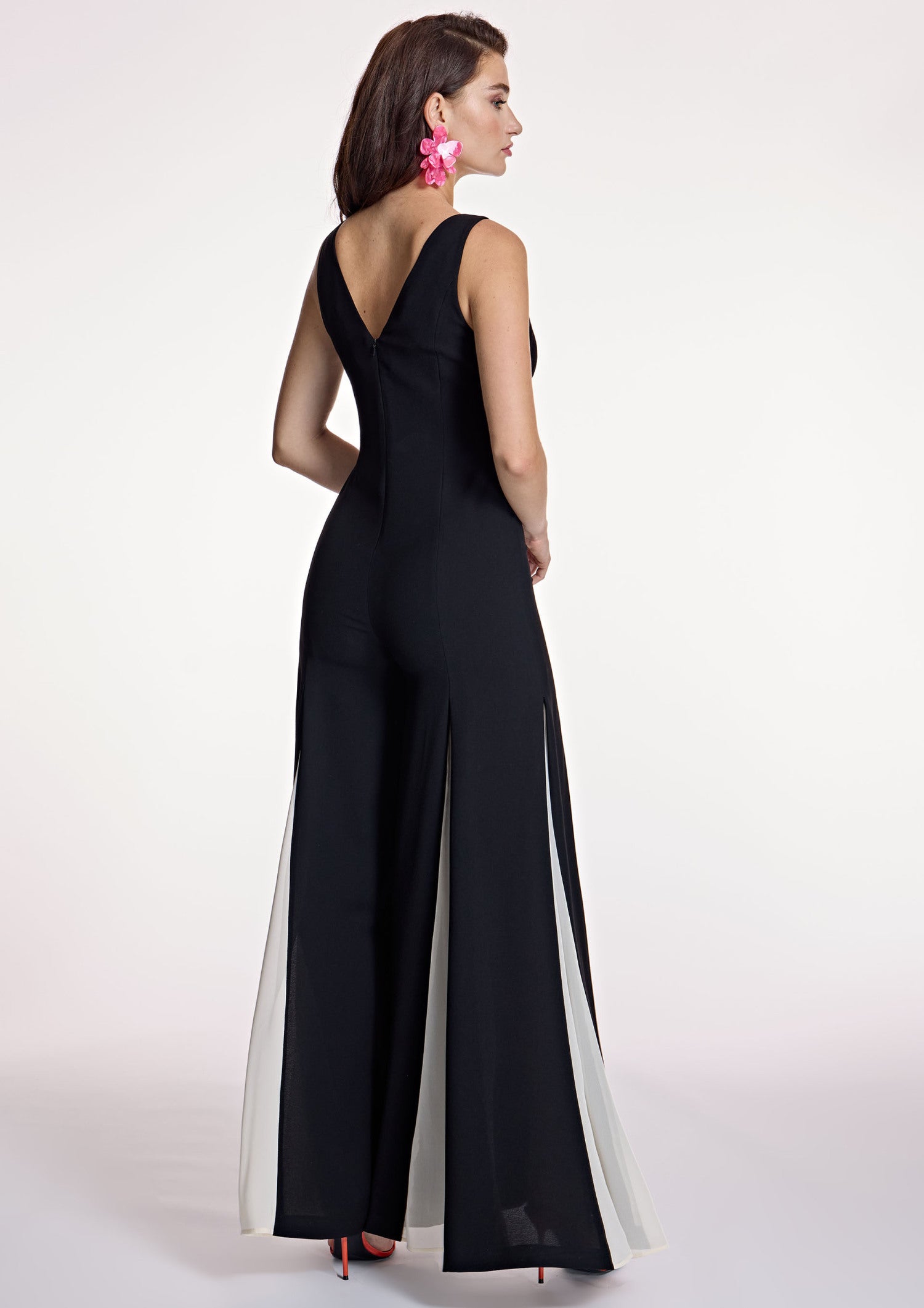 Black wide legged jumpsuit with fluted detail in cream