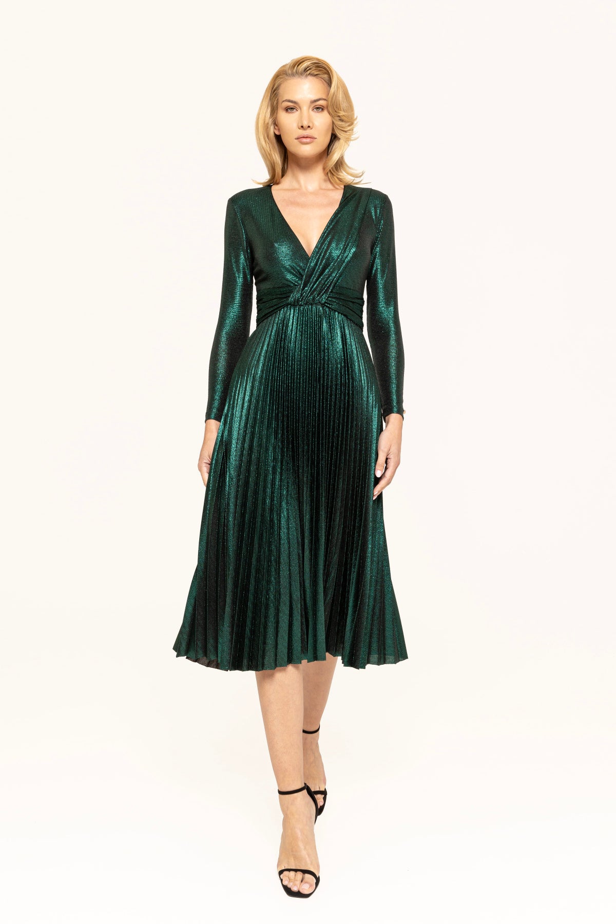 Green Lamé Dress with Pleated Skirt