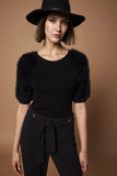 Short sleeve black knitted top with fur like sleeves