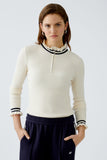 Off White Top with Navy Frills at Neck and Cuffs