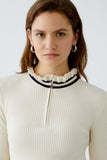 Off White Top with Navy Frills at Neck and Cuffs