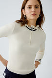 Off White Top with Navy Frills at Neck and Cuffs