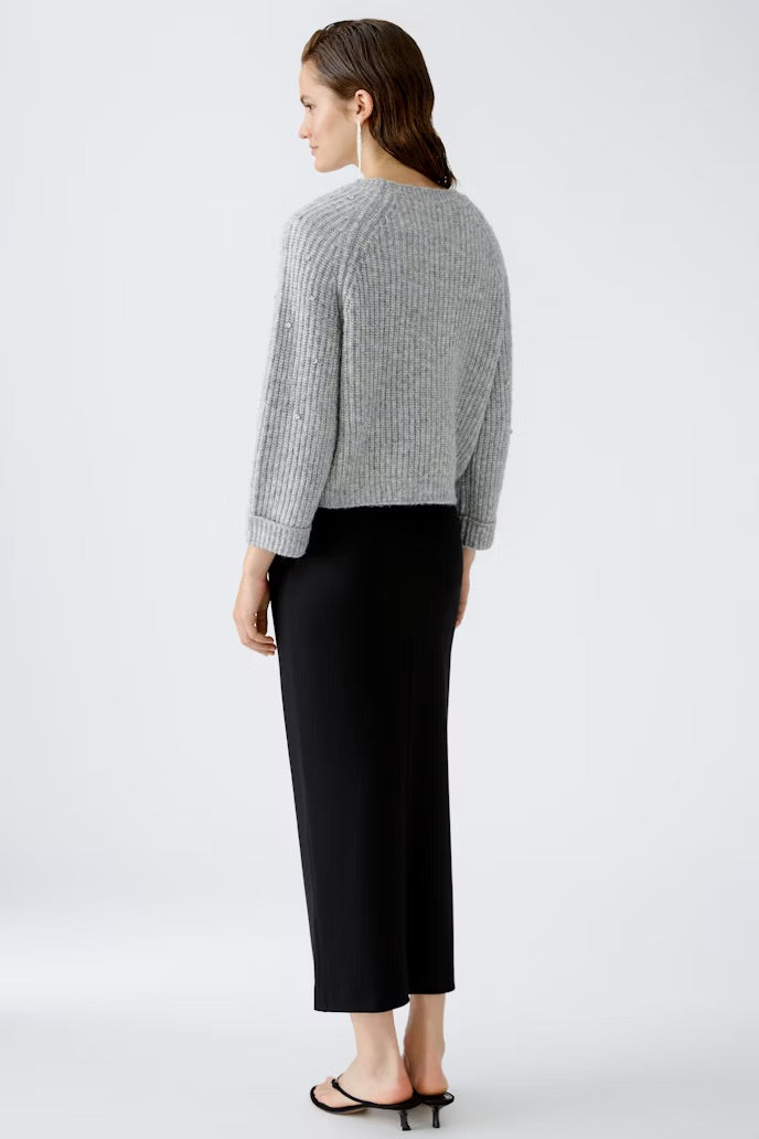 Cropped ribbed grey sweater with diamanté detail all over