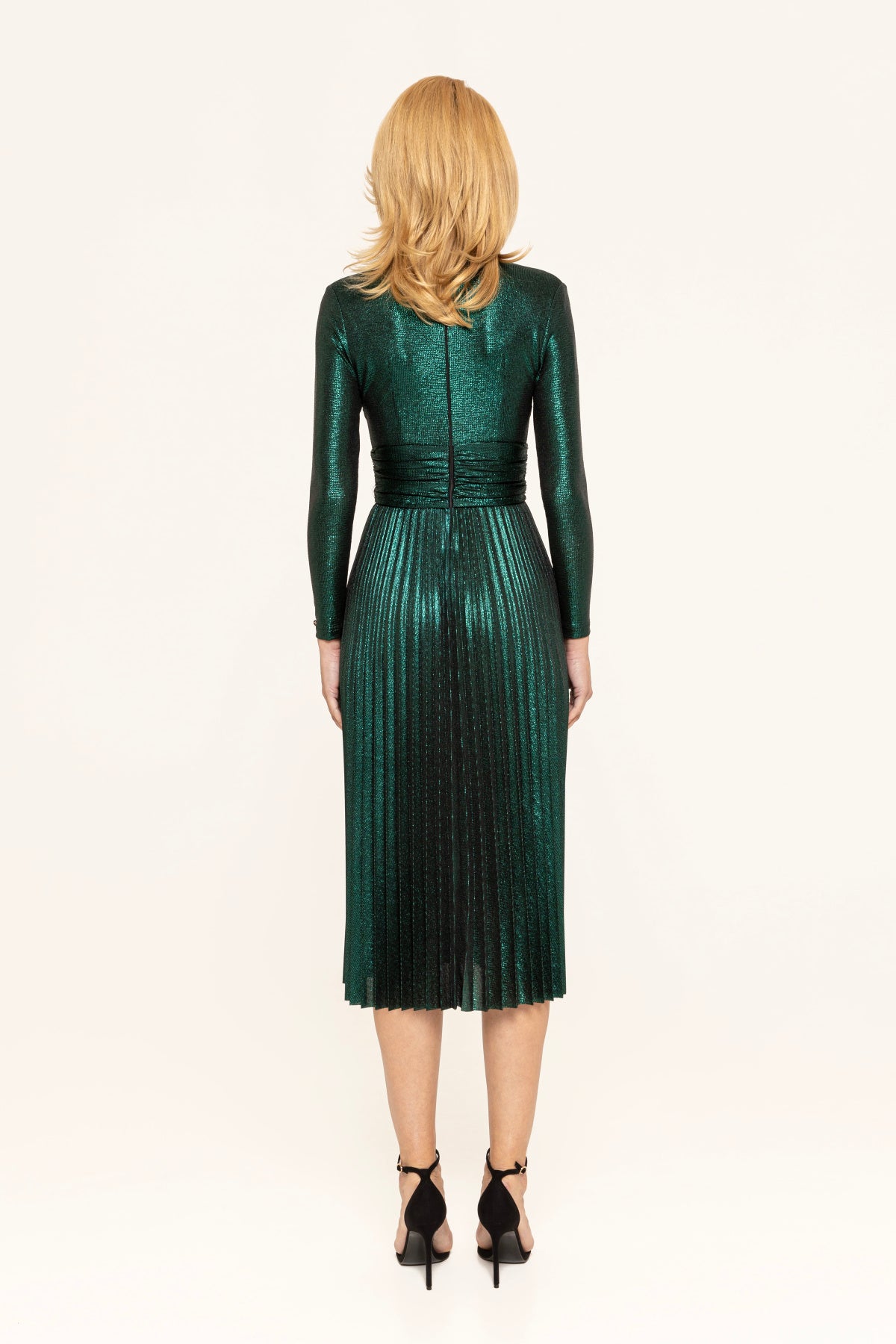 Green Lamé Dress with Pleated Skirt