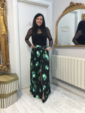 Maxi skirt with slit in black and greens