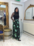 Maxi skirt with slit in black and greens