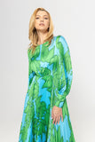 Printed Aqua and Green Pleated Dress