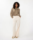 Khaki and cream printed blouse with gold thread detail and bow