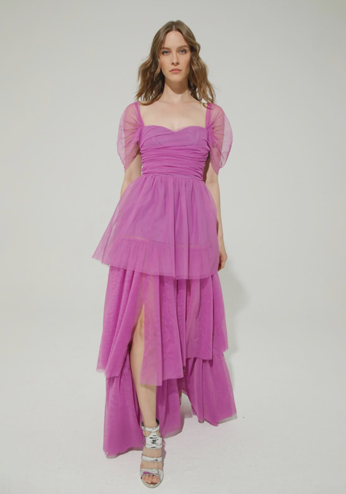 Deep lilac tiered tulle maxi dress