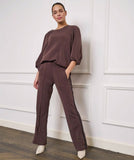 Modal wide leg jersey trousers in chocolate brown with side stripe