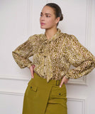 Khaki and cream printed blouse with gold thread detail and bow