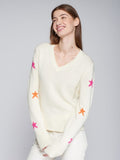 Cream v neck sweater with multicoloured stars