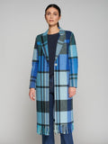 Check coat in blues with fringed hem