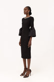 Puff sleeve crêpe midi evening dress in black with diamanté on neckline