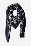 Navy scarf with cream writing pattern