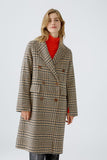 Double breasted wool blend coat in brown/camel check