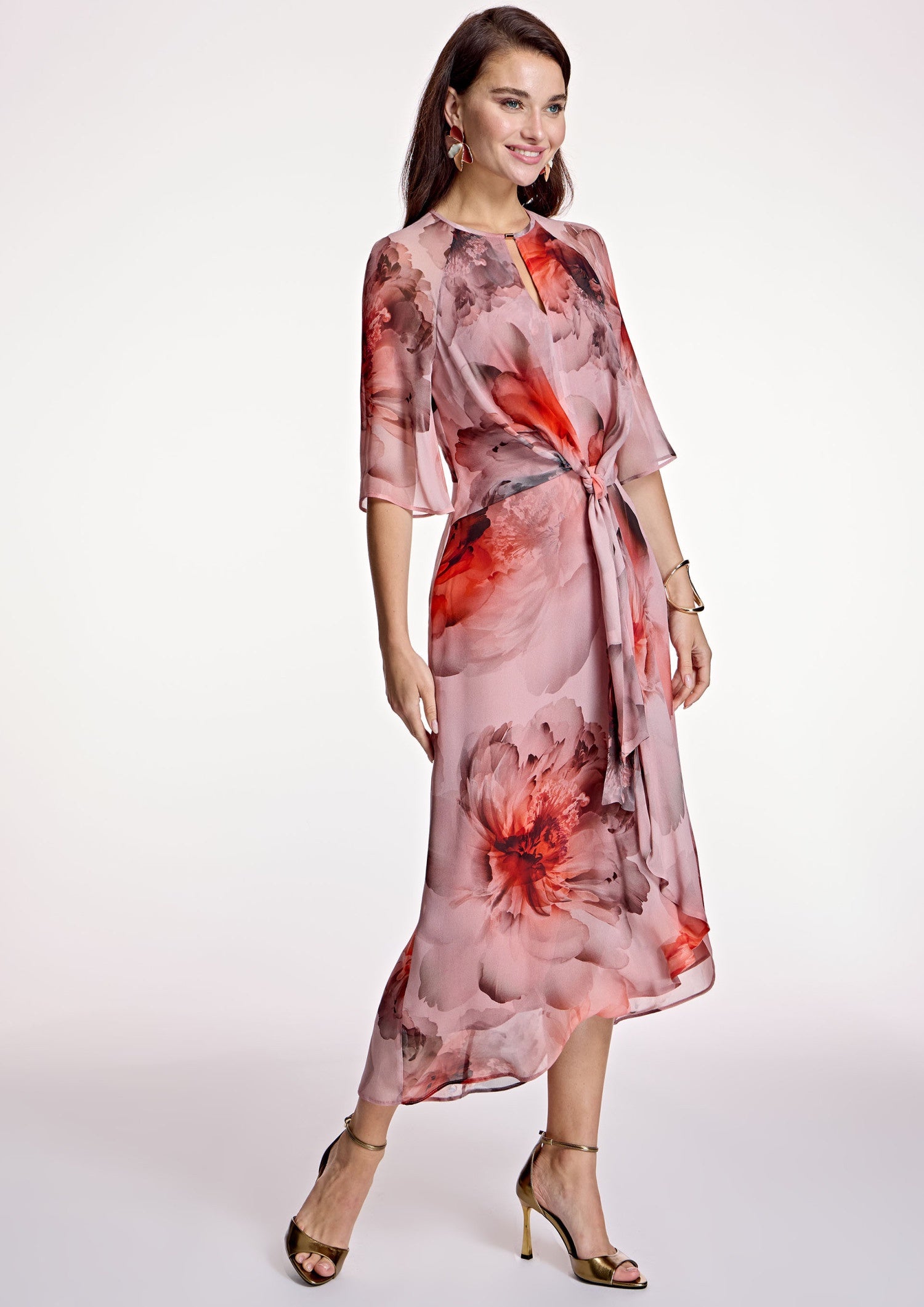 Blush red and Terracotta Floral Chiffon Dress