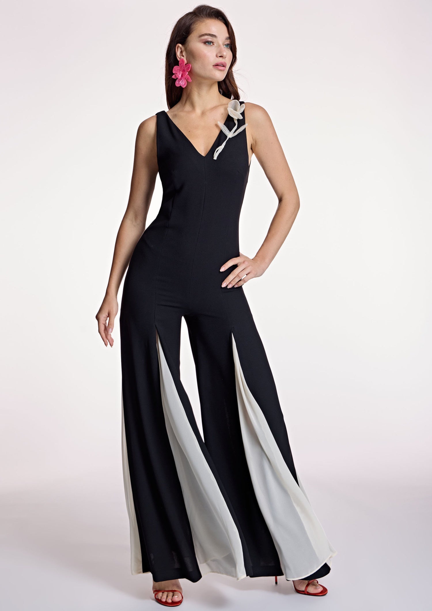 Black wide legged jumpsuit with fluted detail in cream