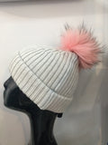 Light grey hat with pink bobbl